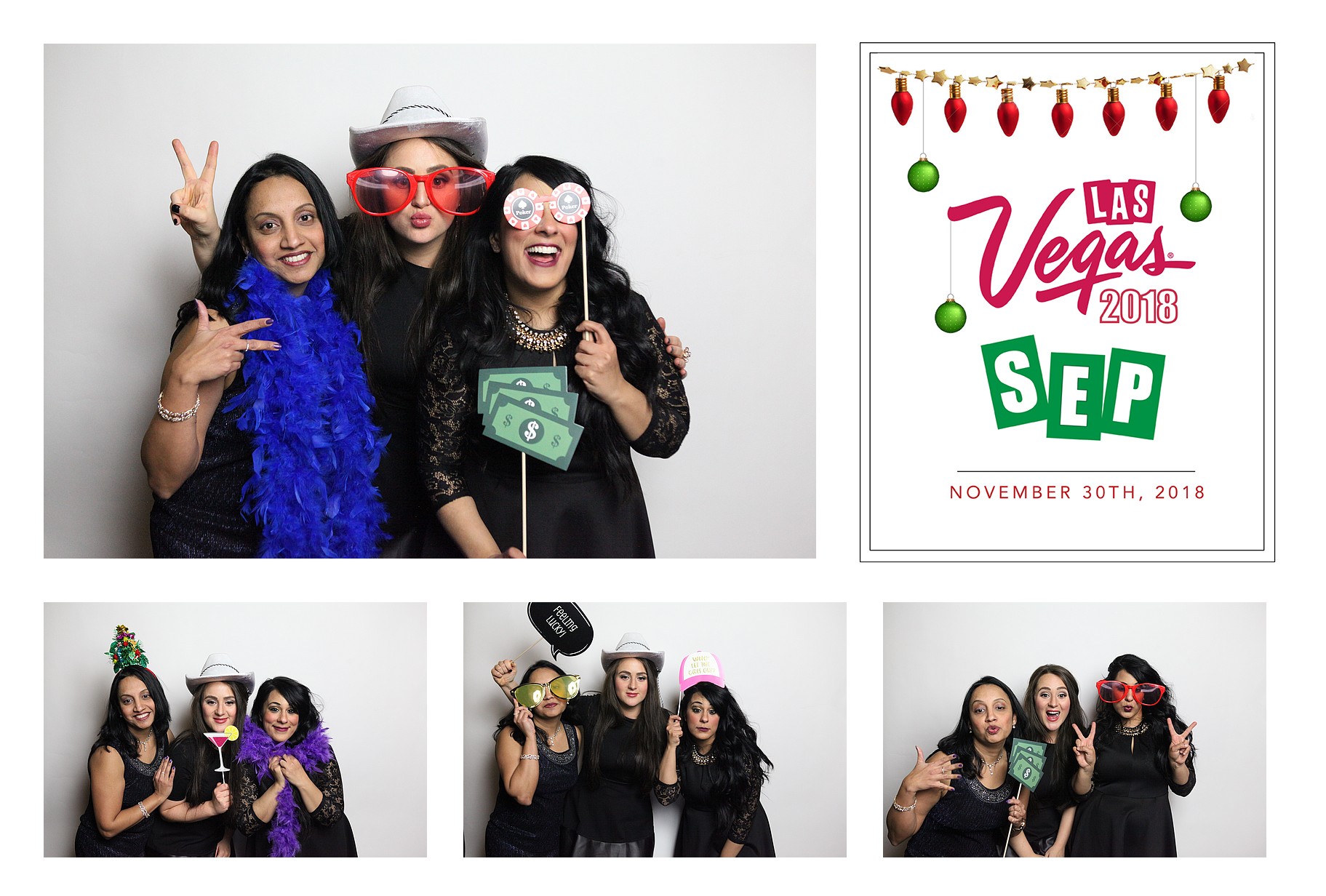 A festive corporate event print layout with custom branding and four photo booth portraits