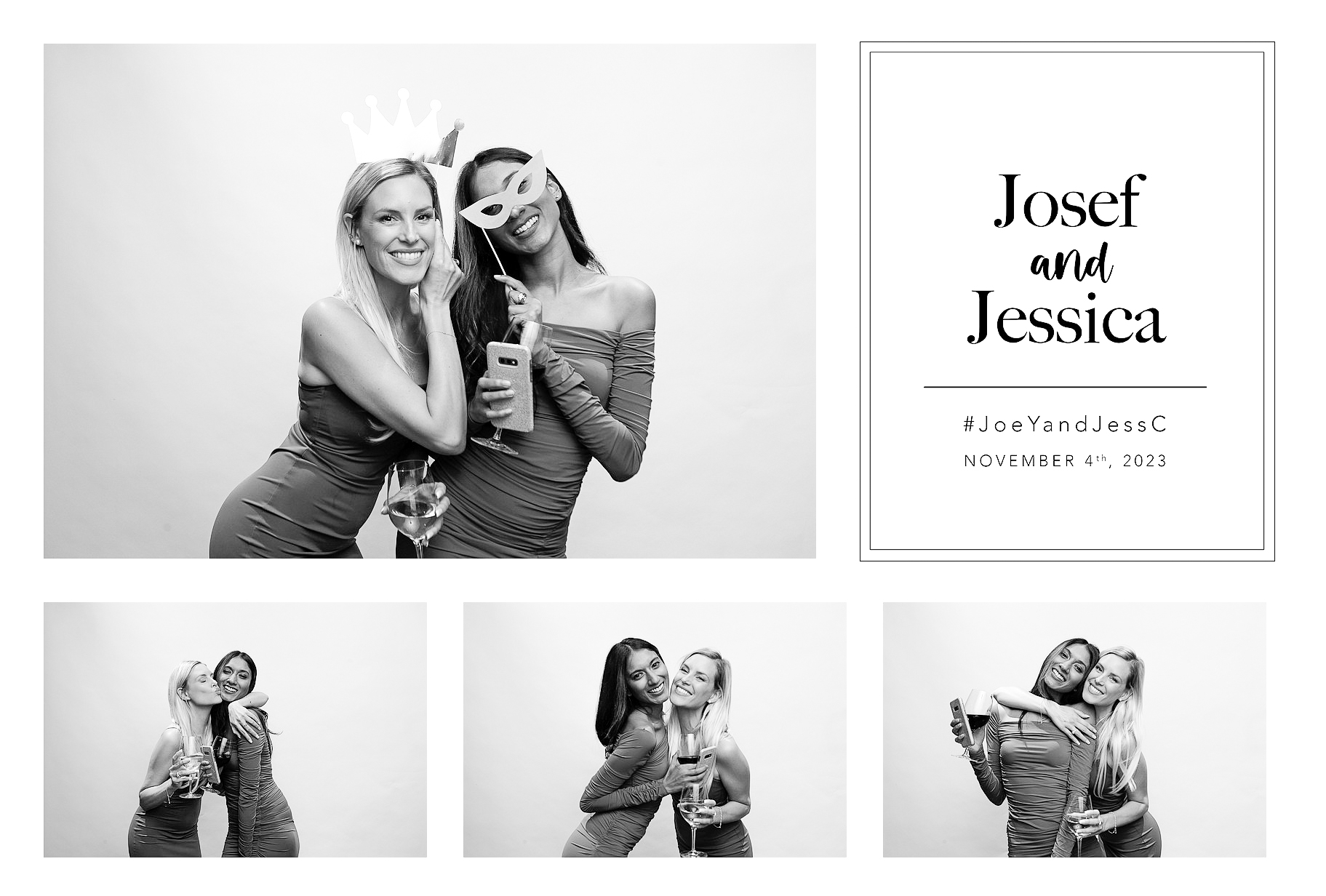 A black-and-white wedding print layout with a personalized monogram and four portraits